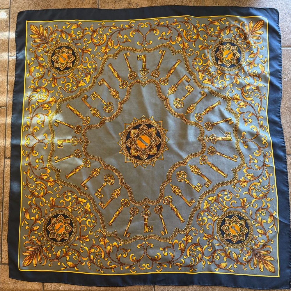 Ornate Key Motif Silk Scarf in Gray and Gold 31” x 31”